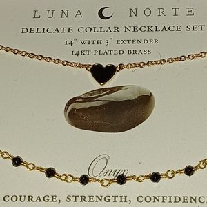 2 pc Luna Norte Moon double Layer Necklaces BLACK ONYX HEART Link Chain Gold NWT